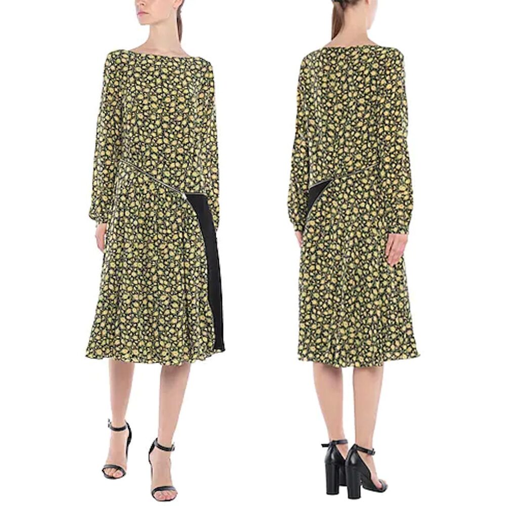 BURBERRY 100% Silk Floral Midi Dress Black Contrast Panel NWT Size 2